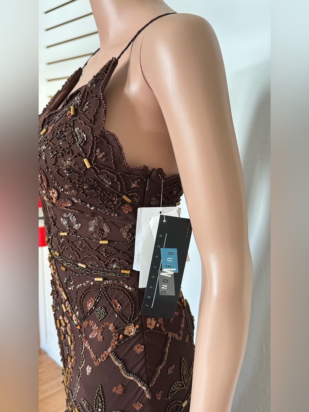 Sue Wong Brown Beaded Ruffle Maxi Dress - Picture 3 of 7